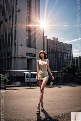 नारंगी बाल और मखमली पोशाक